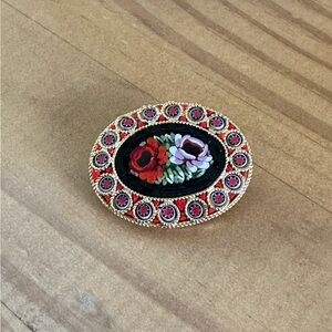 VTG Italian Floral Micro Mosaic Brooch with Red and Black Accents